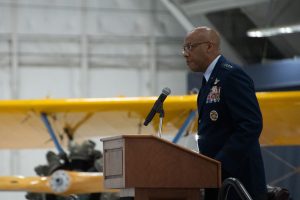 U.S. Air Force Chief of Staff Gen. CQ Brown, Jr., speaks at the Tuskegee Airmen PT-17 Stearman Aircraft Exchange ceremony at Joint Base Andrews, Md., July 26, 2023. The PT-17 Stearman will be displayed at the National Museum of U.S. Air Force at Wright-Patterson Air Force Base, Ohio. (U.S. Air Force photo by Senior Airman Tyrone Thomas)