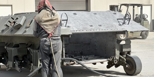 Sandblasting the outer hull of the M36 Jackson for repainting, March 2023.